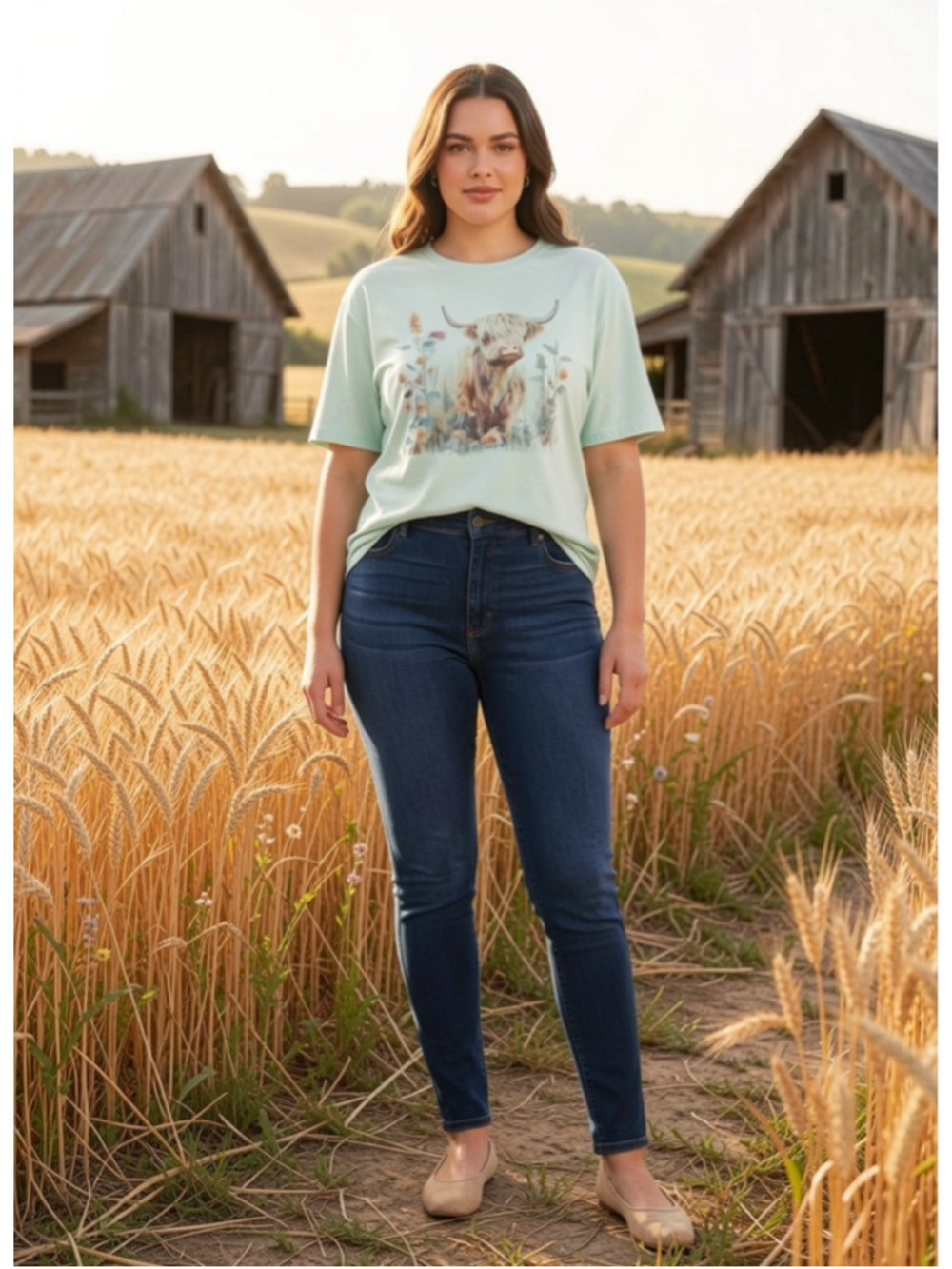 Women's Short Sleeve XL Light Blue Highland Cow Graphic Tee